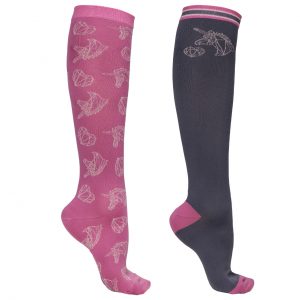 Ratsastussukat lapsille, QHP Vaaleanpunaiset sukat,viimeiselty yksisarvisten ja sydämien muotoisilla glitterhahmoilla ja harmaat sukat.